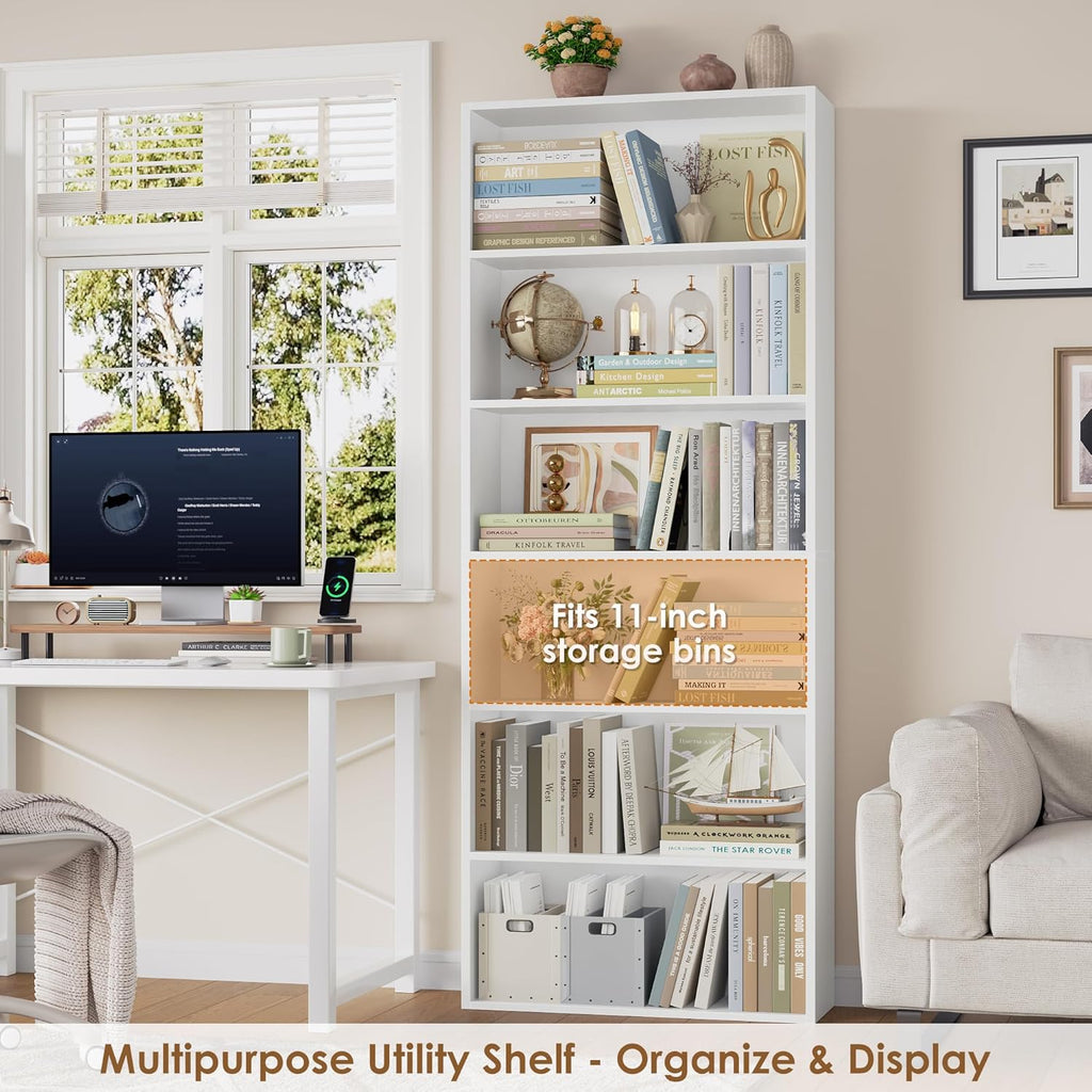 FOTOSOK 6-Tier Open Bookcase and Bookshelf, Freestanding Display Storage Shelves Tall Bookcase for Bedroom, Living Room and Office, White