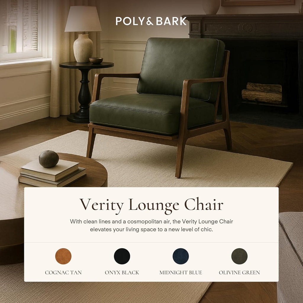 Poly & Bark Verity Leather Accent Chair – Armchair with Walnut Wood Frame – Fashion-Forward Lounge Seating for Living Room – Upholstered in Olivine Green Leather for Modern Style