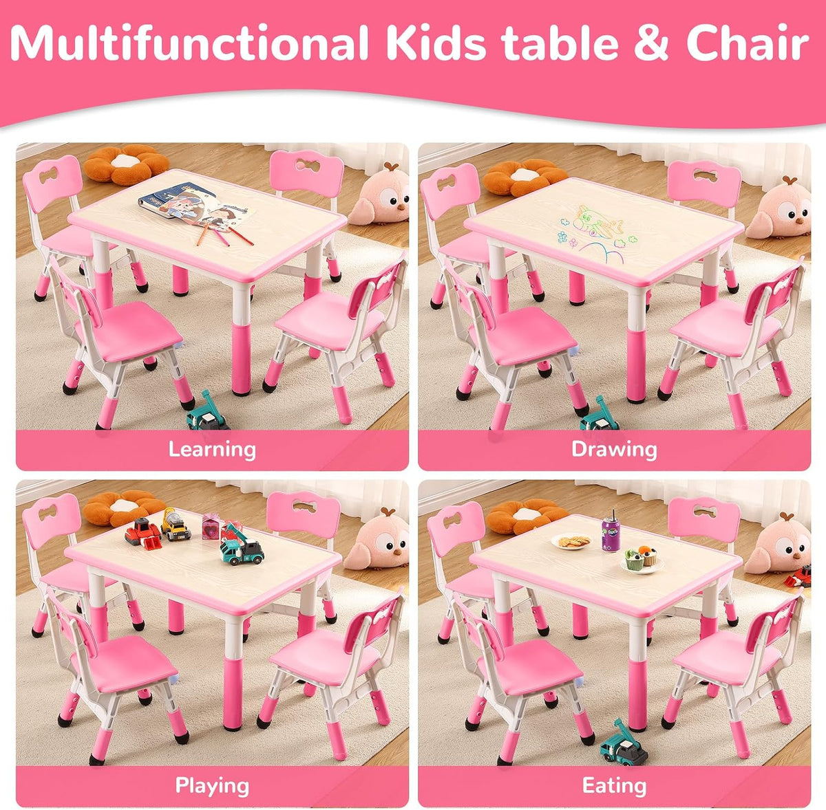 Kids Table and Chairs, Height Adjustable Toddler Table and 4 Chair, Multi-Activity Table with Graffiti Desktop Non-Slip Legs for Ages 2-10, Children Activity Table for Daycare, Classroom, Home
