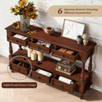 Vintage Solid Wood Console Table with 6 Drawers - 54" Hallway Sofa Table with Bottom Shelf for Entrance, Living Room & Foyer, Cherry