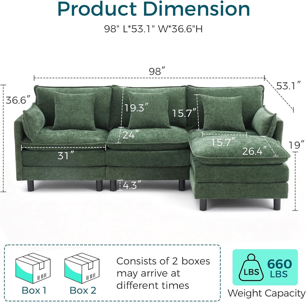 LINSY HOME 98'' Modular Sectional Sofa 3 Seat Couch Chenille Cloud Couch with Deep Seat, L Shaped Couch with 1 Movable Ottoman for Living Room, Office, Bedroom, Green(Pillows Included)