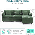 LINSY HOME 98'' Modular Sectional Sofa 3 Seat Couch Chenille Cloud Couch with Deep Seat, L Shaped Couch with 1 Movable Ottoman for Living Room, Office, Bedroom, Green(Pillows Included)