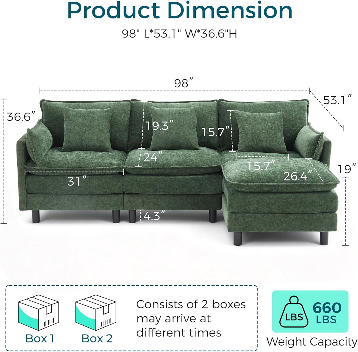 LINSY HOME 98'' Modular Sectional Sofa 3 Seat Couch Chenille Cloud Couch with Deep Seat, L Shaped Couch with 1 Movable Ottoman for Living Room, Office, Bedroom, Green(Pillows Included)