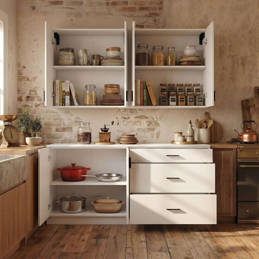 63" Kitchen Cabinet Set with 3 Drawers and 6 Doors, Wall Mounted Upper Cabinet and Floor Base Cabinet for Pantry, Large Kitchen Storage System with Adjustable Shelves, White