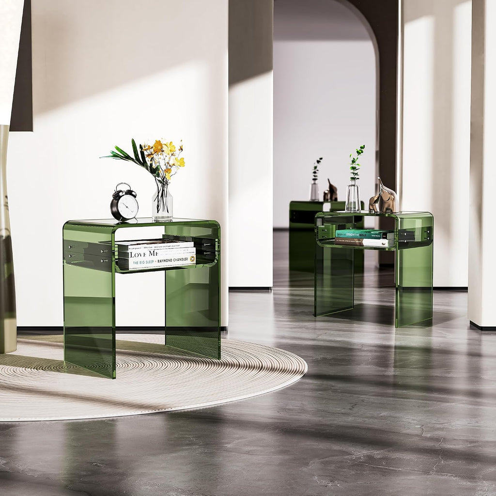 Clear Acrylic End Table 2-Tier Bedside Nightstand for Living Room Bedroom (1, Green Double)
