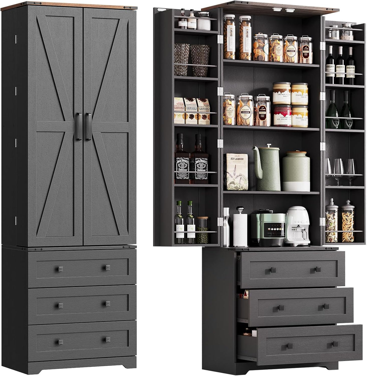 IDEALHOUSE Farmhouse Kitchen Pantry Cabinet - 72" Tall Large Wood Kitchen Storage Cabinets with Adjustable Shelves & 2 Barn Doors & 3 Drawer, Versatile Storage for Dining Room, Bathroom, Living Room