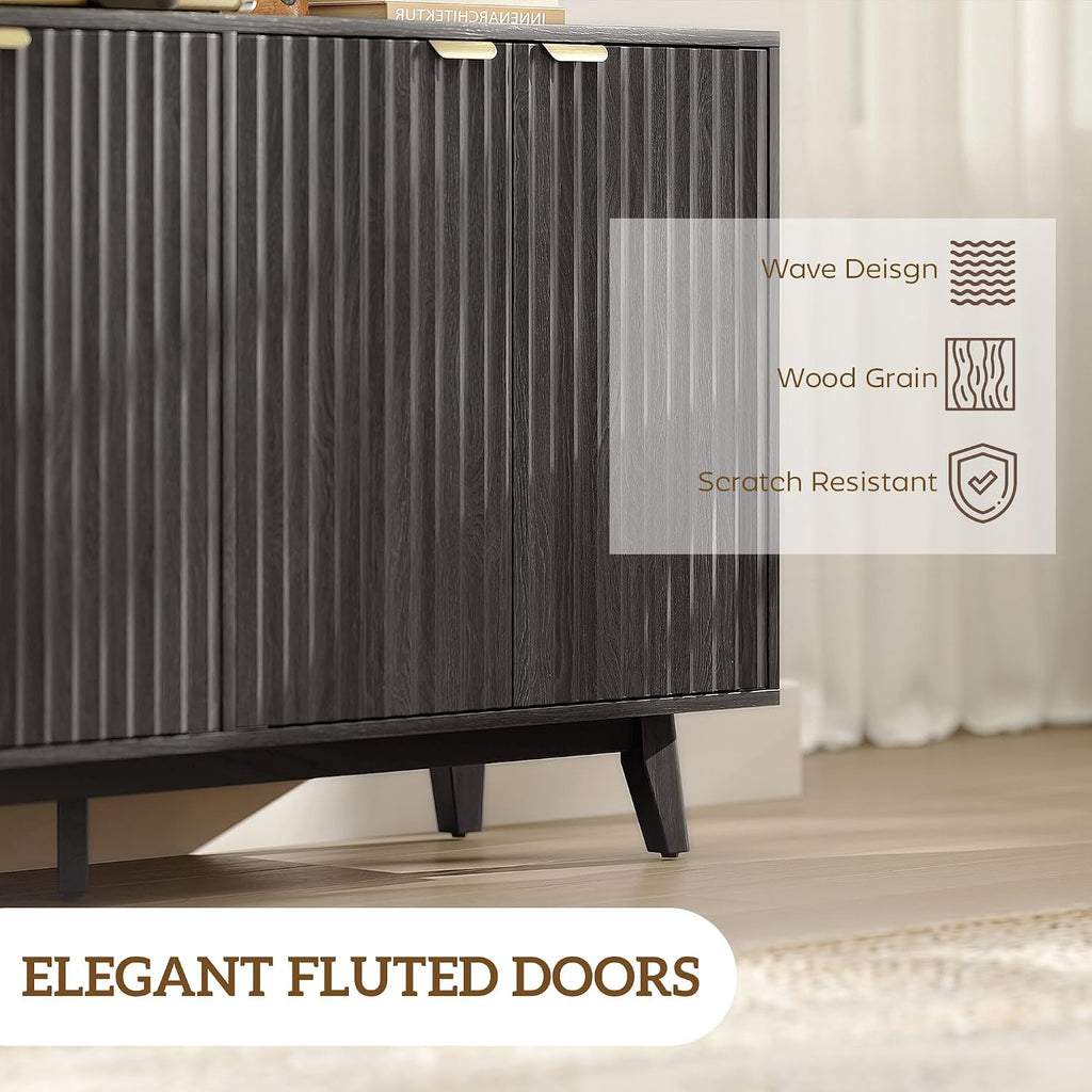 HOMCOM Sideboard Buffet Cabinet with Storage, 55" Fluted Modern Buffet Table Coffee Bar Console Cabinet with 2 Adjustable Shelves, 4 Doors for Dining Room, Living Room, Hallway, Dark Gray