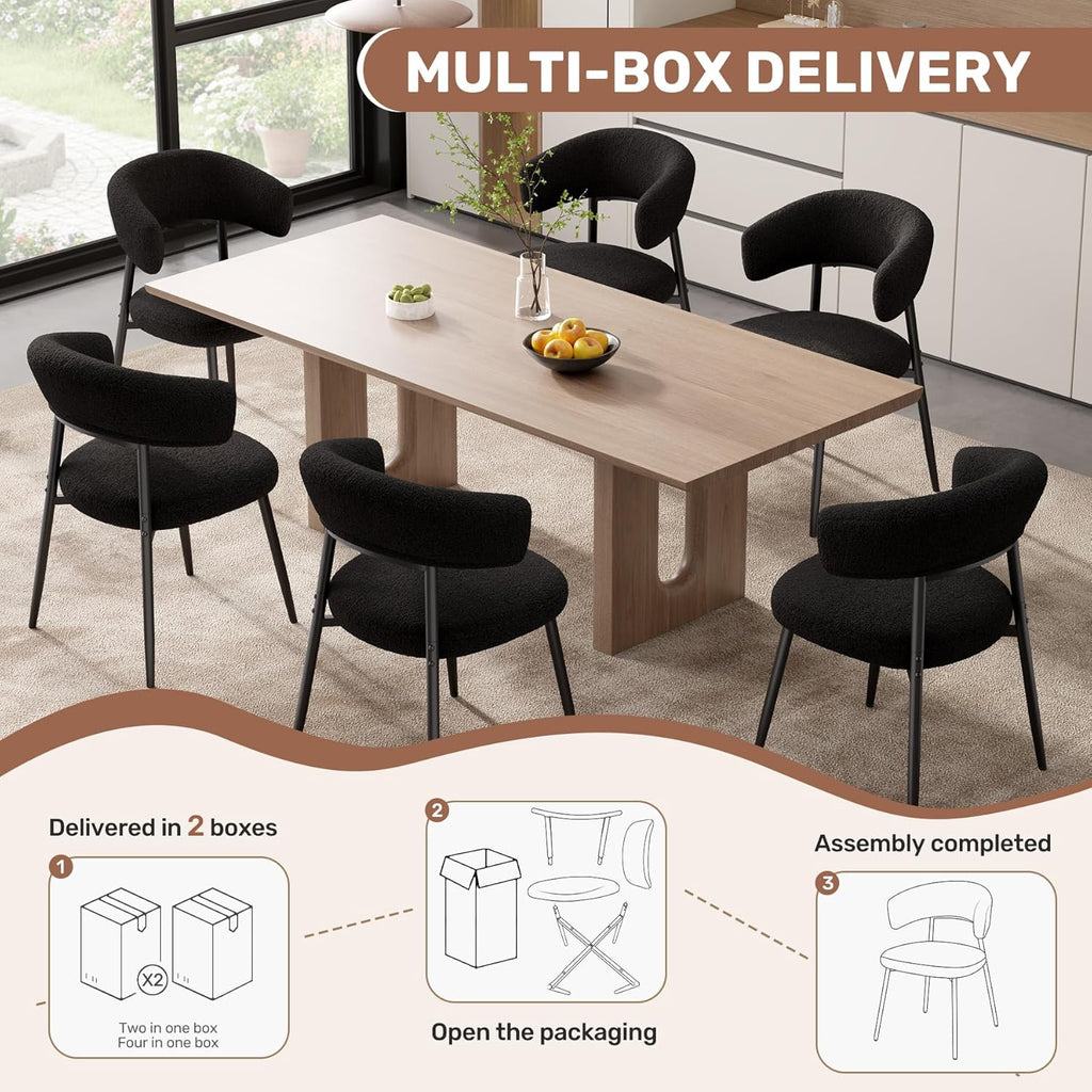 Dining Chairs Set of 4, Mid Century Modern Kitchen Chairs, Boucle Upholstered Dining Chair with Curved Backrest & Metal Legs for Kitchen Dining Room, Black
