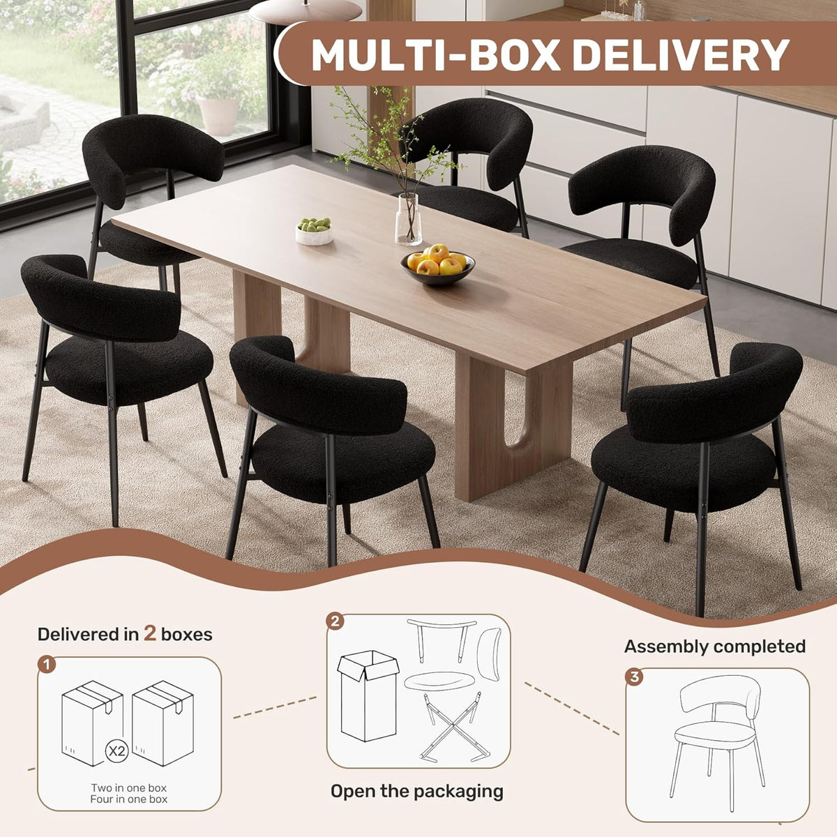 Dining Chairs Set of 4, Mid Century Modern Kitchen Chairs, Boucle Upholstered Dining Chair with Curved Backrest & Metal Legs for Kitchen Dining Room, Black