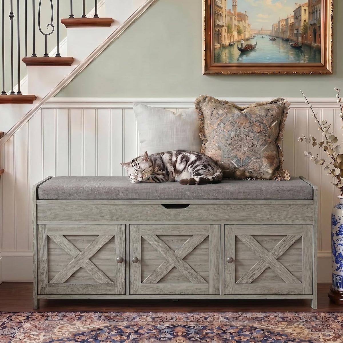 Marsail Shoe Storage Bench with Seating, Farmhouse Entryway Bench with Shoe Storage and Cushion, Under Window Benches Wooden Ottoman for Bedroom, Entry Way, Living Room, Grey