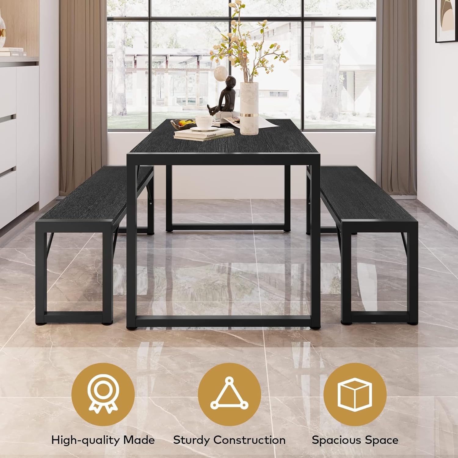Gizoon 45.5" Dining Table Set for 4, Kitchen Table with 2 Benches Black | Space-saving black 4-person table set with 2 benches. Steel frame & MDF board. Benches tuck under table. 330lbs capacity.