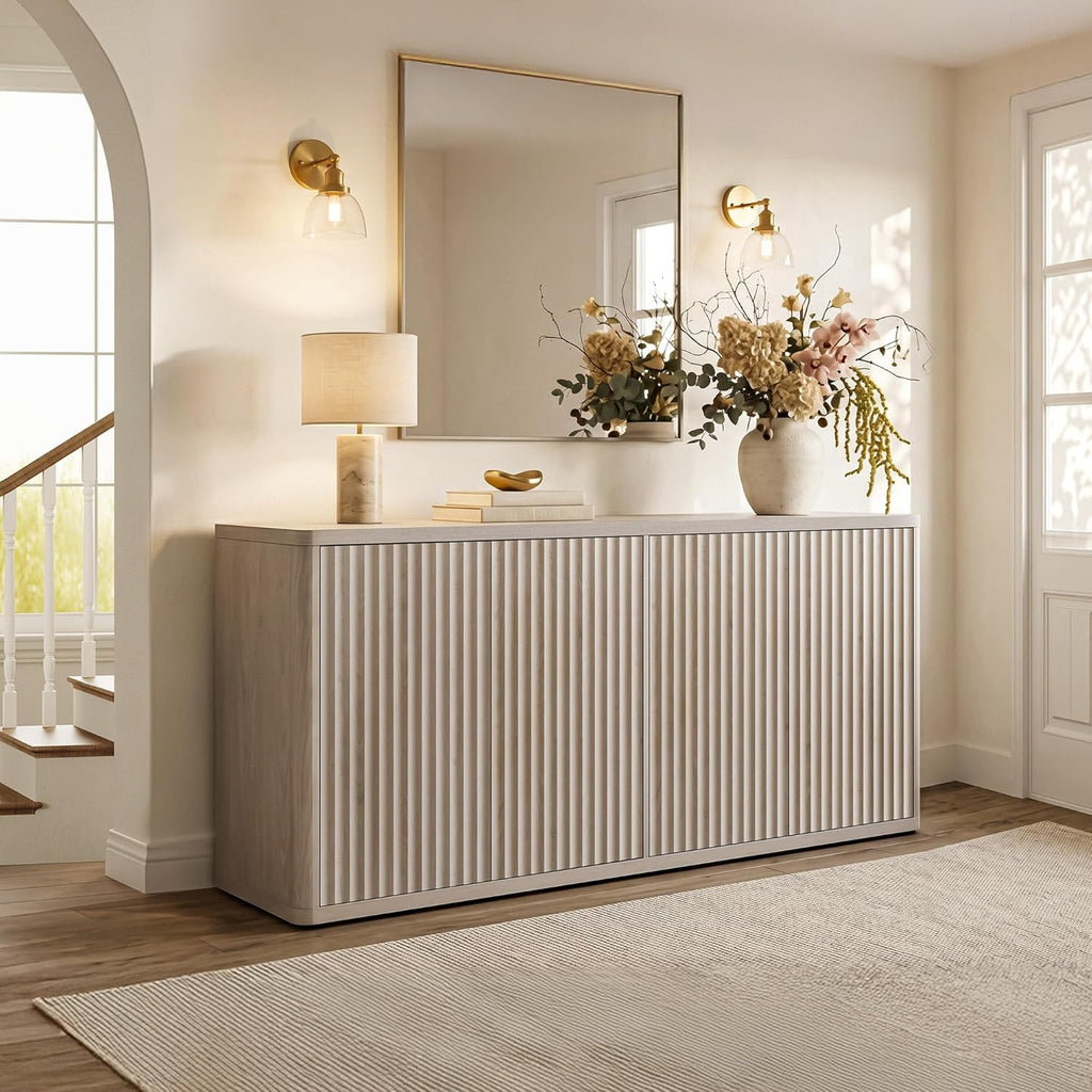 SICOTAS Buffet Cabinet with Storage Accent Sideboard with 4 Doors 66.3" Wide Fluted Credenza Modern Buffet Table Media Console Cabinet Entryway Cabinets for Living Room Kitchen Dining Room Hallway