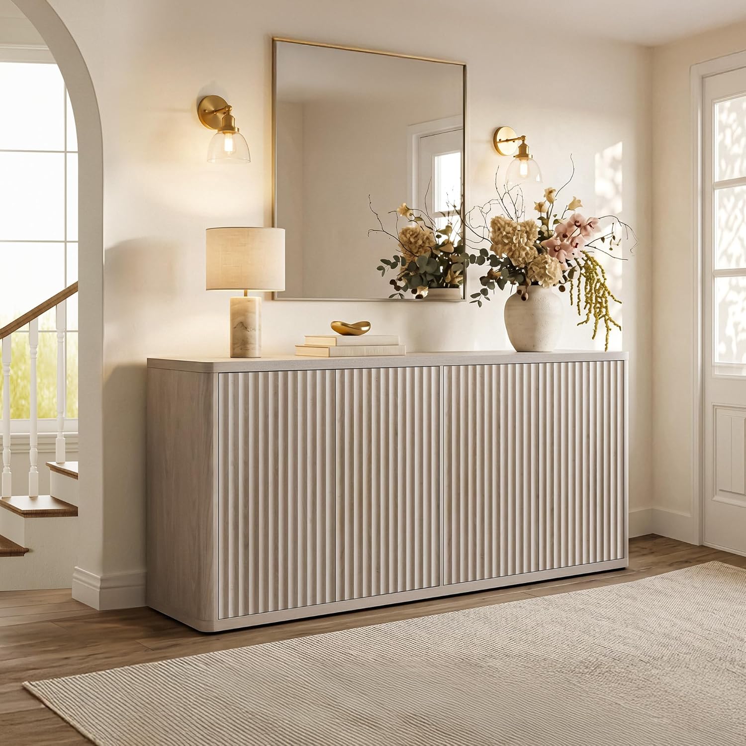 SICOTAS Buffet Cabinet with Storage Accent Sideboard with 4 Doors 66.3" Wide Fluted Credenza Modern Buffet Table Media Console Cabinet Entryway Cabinets for Living Room Kitchen Dining Room Hallway
