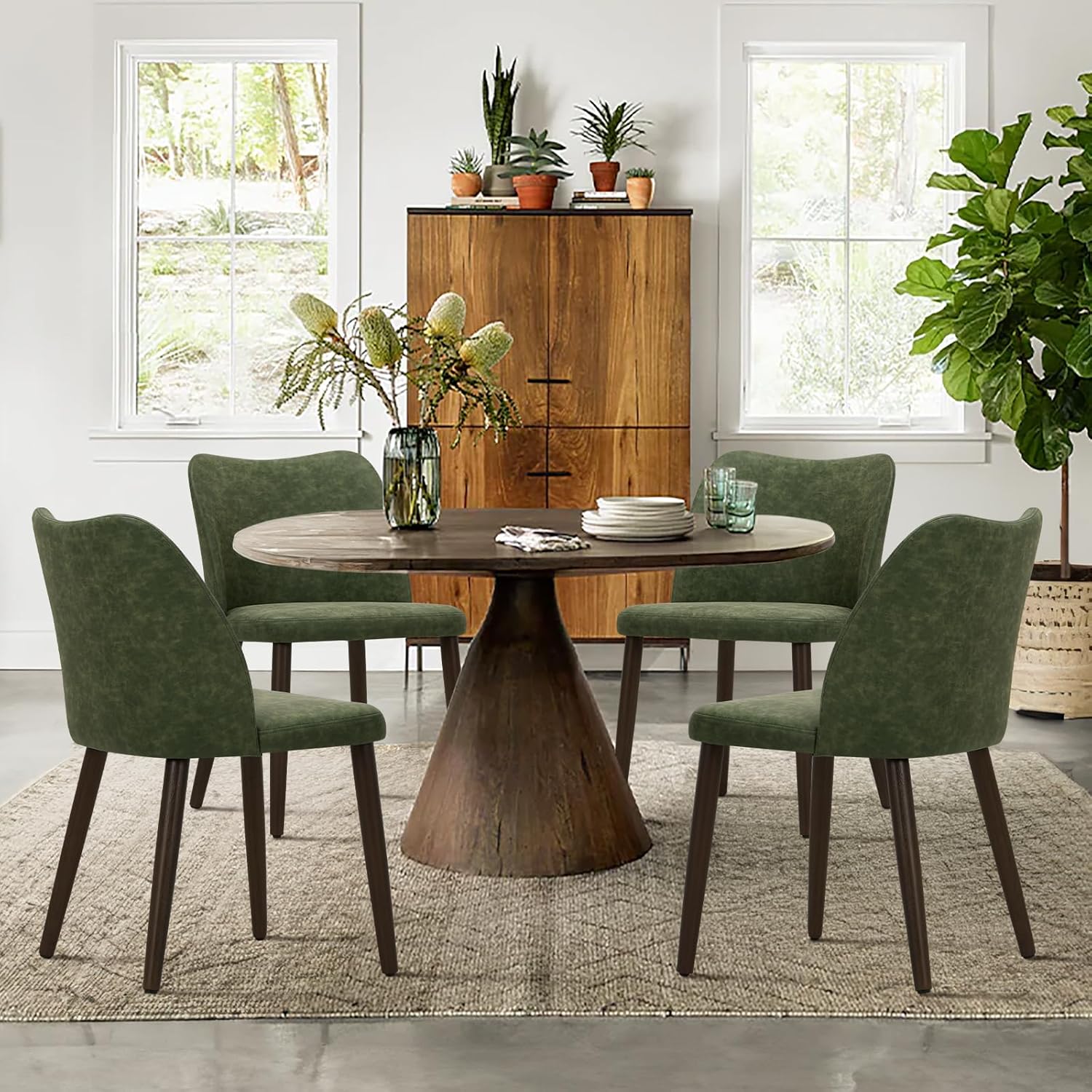COLAMY Upholstered Dining Chairs Set of 6, Modern PU Leather Dining Room Kitchen Side Chair with Padded Seat and Wood Legs Restaurant/Cafe, Green