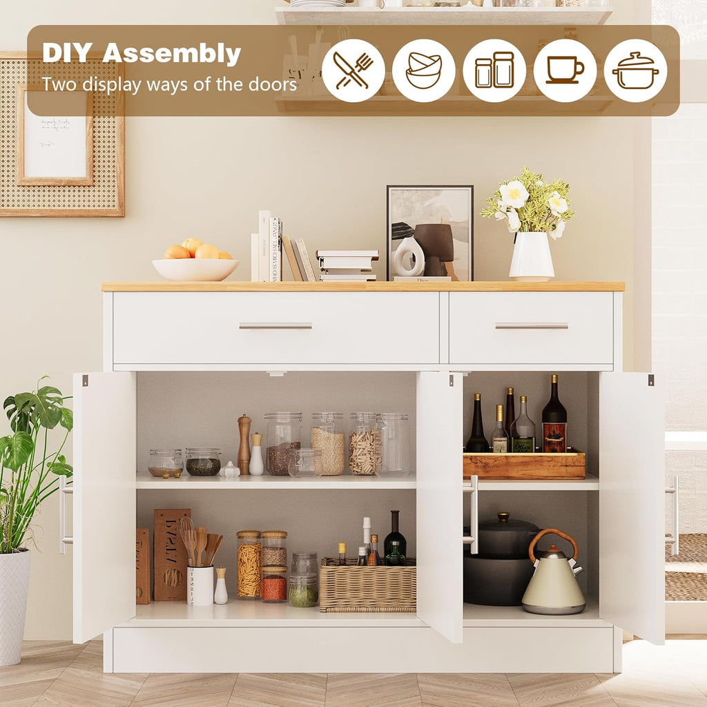 Vongrasig Coffee Bar Cabinet, Farmhouse Sideboard Buffet Cabinet with Storage, Coffee Bar with Drawers and Shelves, Wood Buffet Table for Kitchen, Dining Room, White