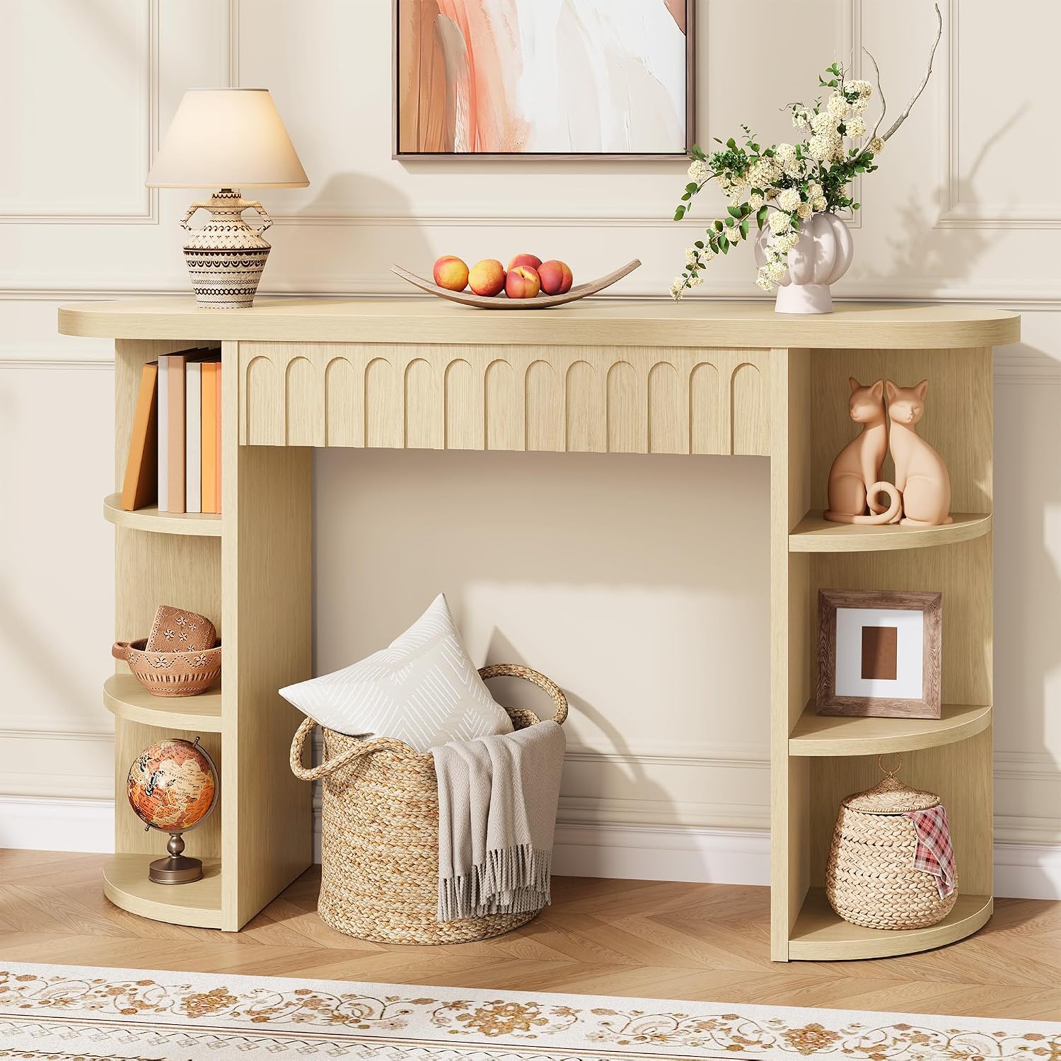 Hoctieon Fluted Console Table with Storage, Entryway Table with Side Storage Shelves, Narrow Sofa Tables Behind Couch, Hallway Tables for Living Room, Entrance, Foyer, Oak