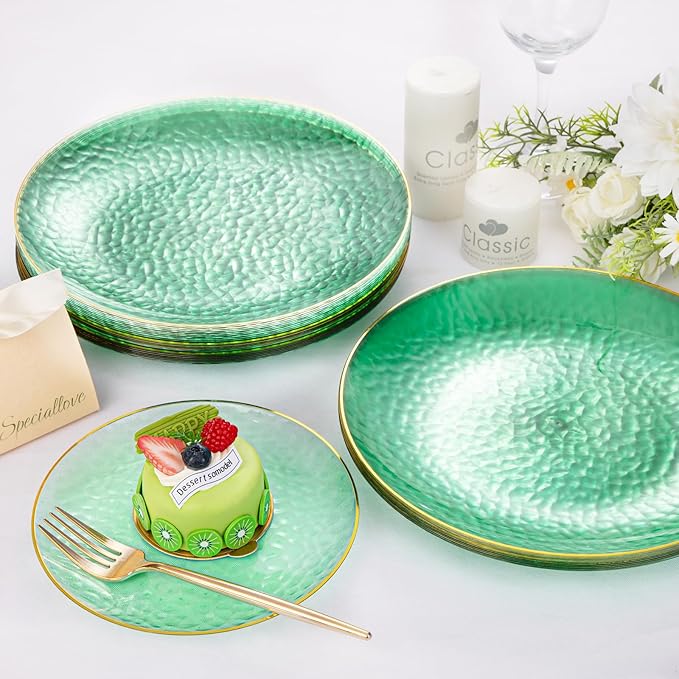 Rubtlamp 60 Pieces Green Gold Plastic Plates - 10 inch Green Plastic Dinner Plates - Hammer Pattern Design - Fancy Disposable Plates Ideal for Wedding & Party