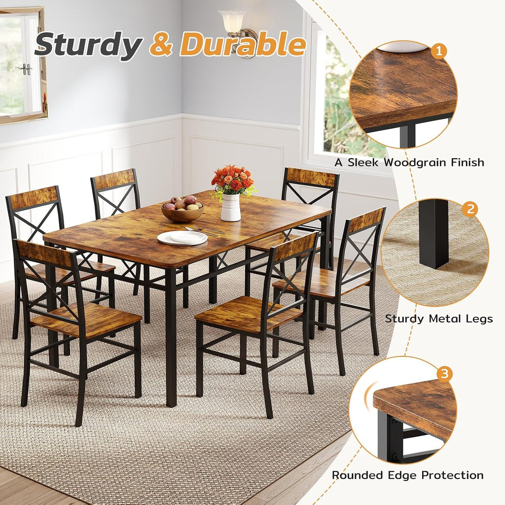 Zevemomo 7-Piece Dining Table Set, Kitchen Table Chairs Set of 6, Brown | Dining Room Sets for 6, Farmhouse Dining Table Set with 6 X-Shaped Curved Backrest Chairs, For Kitchen & Living Room