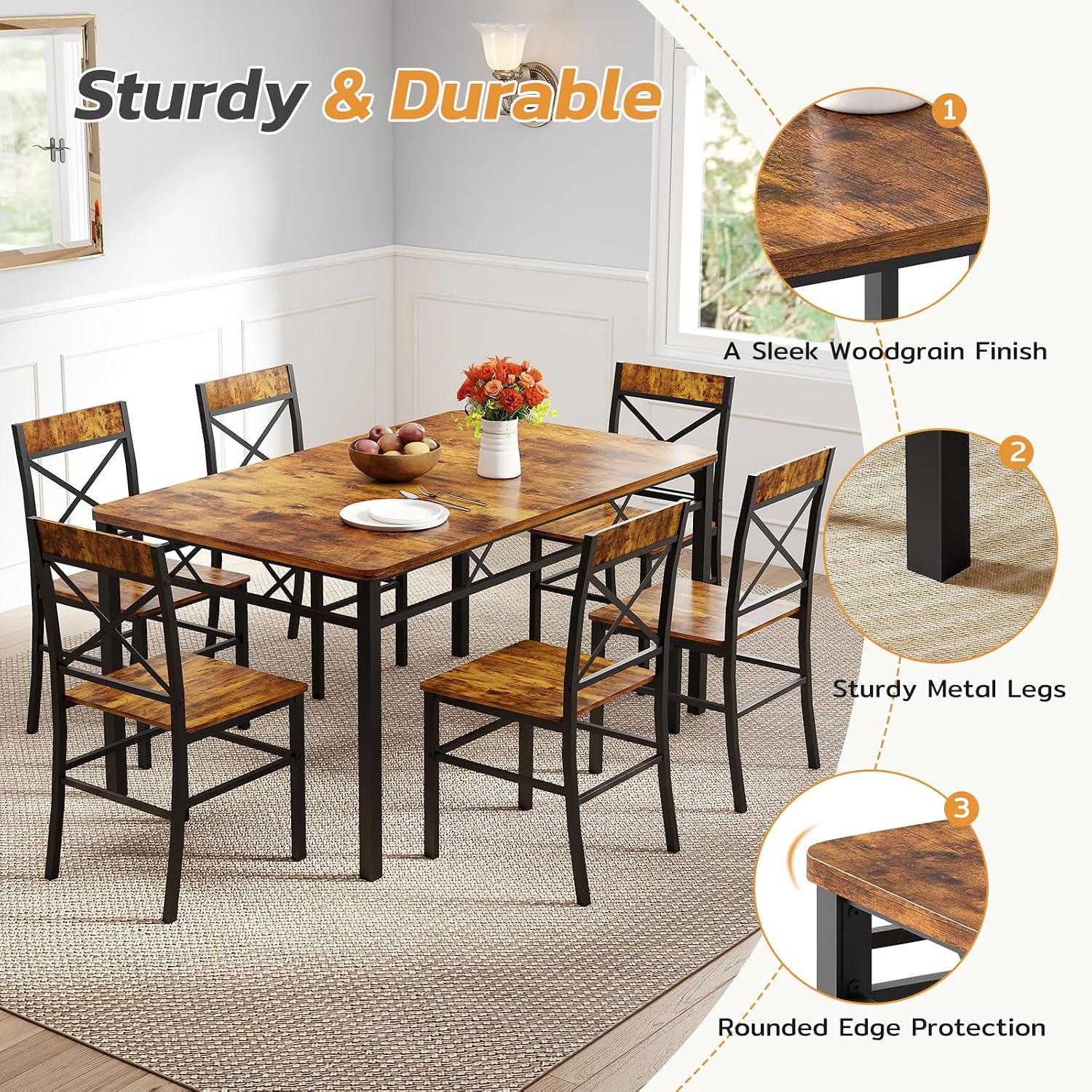 Zevemomo 7-Piece Dining Table Set, Kitchen Table Chairs Set of 6, Brown | Dining Room Sets for 6, Farmhouse Dining Table Set with 6 X-Shaped Curved Backrest Chairs, For Kitchen & Living Room