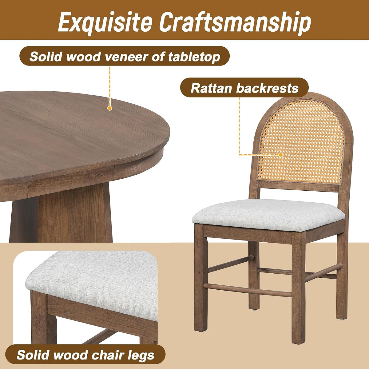 Merax 5-Piece Round Dining Table Set for 4, Extendable Kitchen Table Set with 4 Upholstered Chairs for Dining Room, Kitchen, Small Space, Beige+Walnut