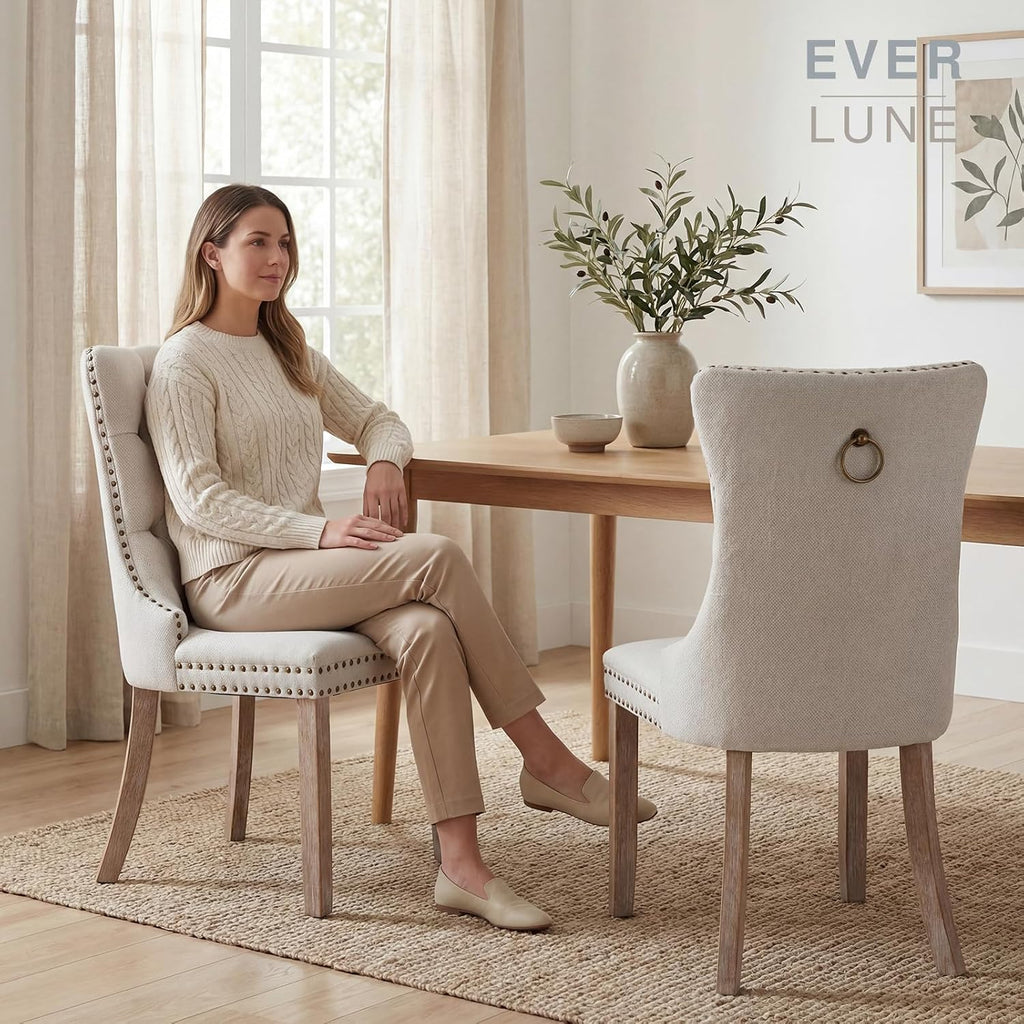 Beige Linen Dining Chairs Set of 4, Fabric Upholstered Kitchen & Dining Room Chair, Tufted Mid Century Modern Dinning Room Chairs, High Back, Wood Legs, Sillas de Comedor