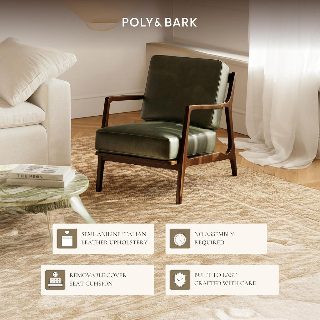 Poly & Bark Verity Leather Accent Chair – Armchair with Walnut Wood Frame – Fashion-Forward Lounge Seating for Living Room – Upholstered in Olivine Green Leather for Modern Style