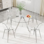 Round Dining Table Set for 4, 39" Clear Tempered Glass Table with Sliver Metal Legs and 4 Transparent Acrylic Chairs, Compact Modern Kitchen Table Set for Small Space Dining Room (Sliver)
