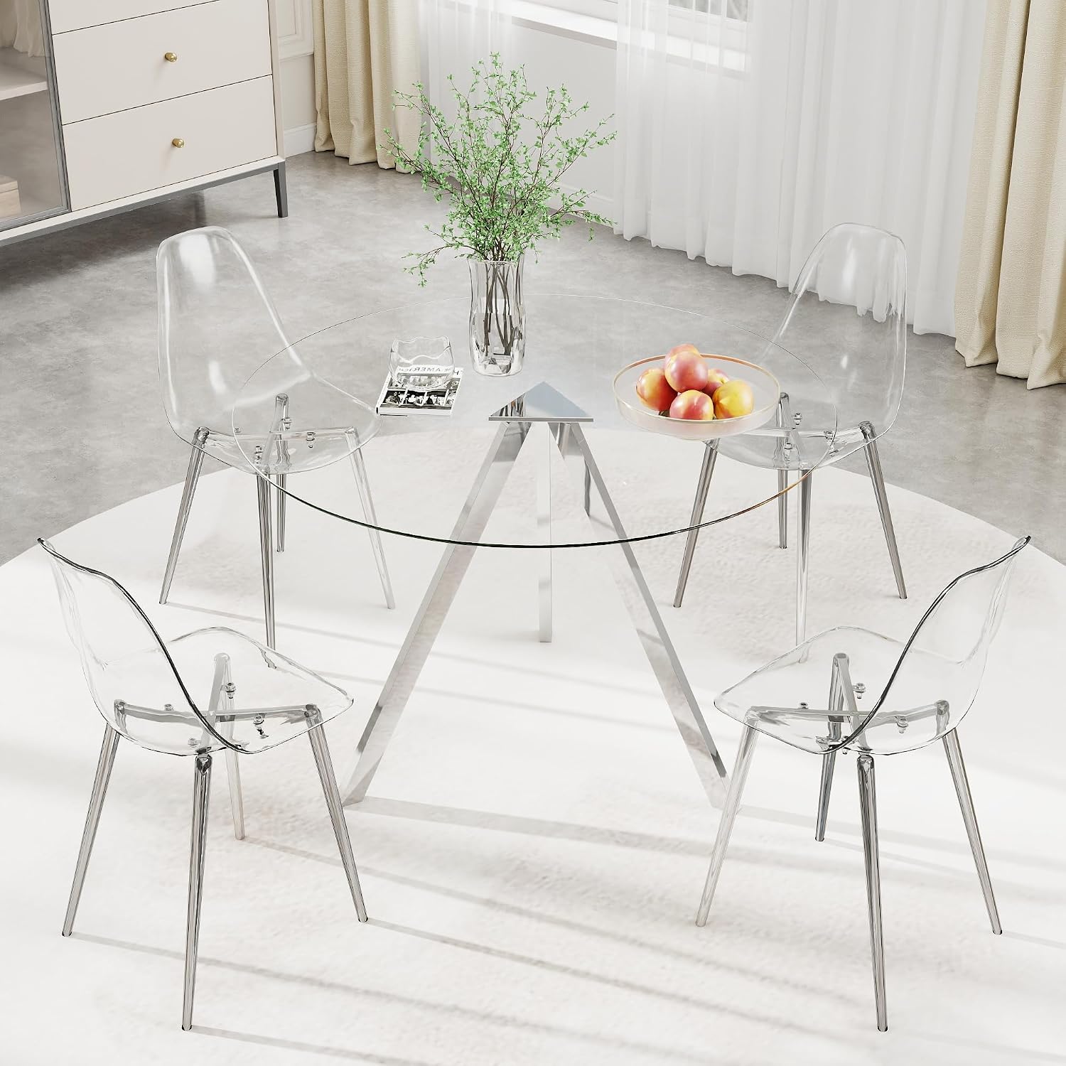 Round Dining Table Set for 4, 39" Clear Tempered Glass Table with Sliver Metal Legs and 4 Transparent Acrylic Chairs, Compact Modern Kitchen Table Set for Small Space Dining Room (Sliver)
