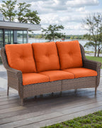 Patio Couch Outdoor Wicker Sofa - Heavy Duty All-Weather Brown Rattan 3-Seater with High Back and Comfy Thick Cushions for Garden Back Porch Poolside Apartment - Orange
