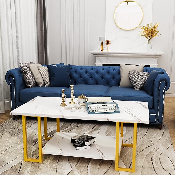 AWQM Marble Coffee Table, Faux Marble Top Rectangular Coffee Table with Gold Metal Frame, 2 Tier Living Room Table for Living Room, Office, Balcony, 40 Inch, White and Gold