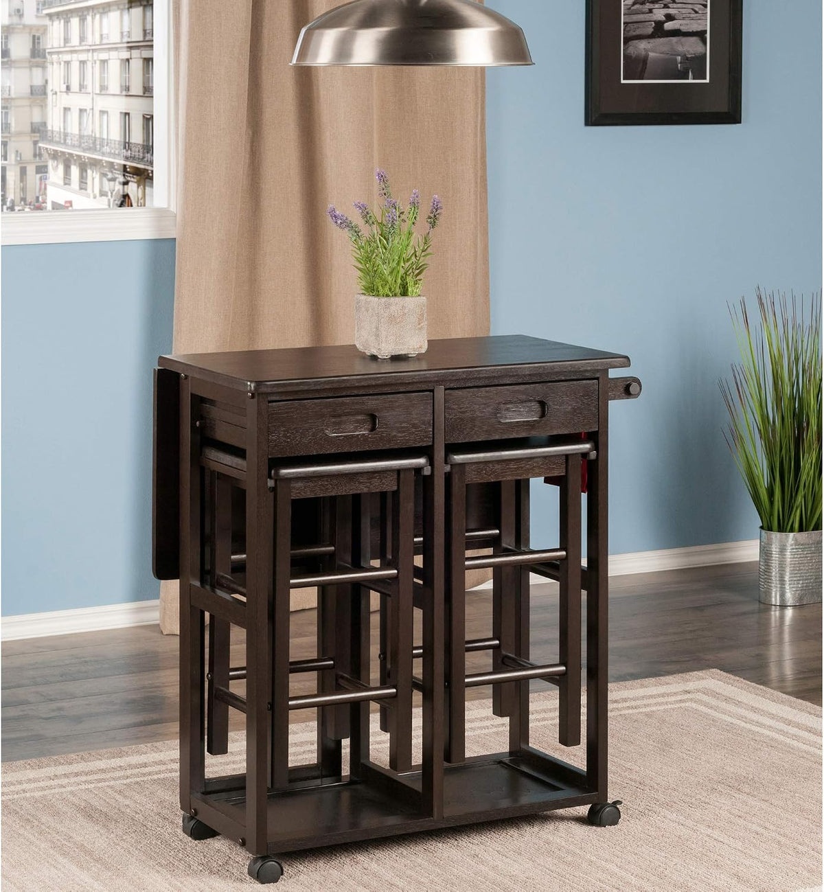 Winsome Suzanne Kitchen Table Set with Stools, Coffee, 33" | Convenient Sturdy Mobile Kitchen & Dining Room Table & Chairs with Storage for Small Spaces, Dorms, Apartments