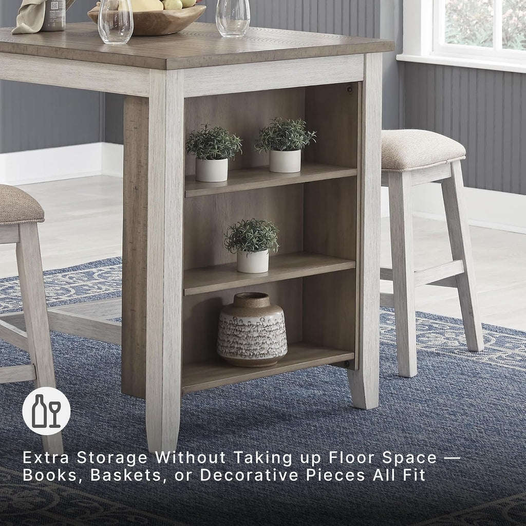 Signature Design by Ashley Skempton 3-Piece Counter Height Dining Table Set | Two-tone acacia wood set, 3 built-in open shelves, 2 upholstered saddle stools, Space-saving tuck-away design, Dining room