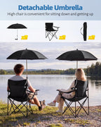 2PCS Camping Chairs with Detachable Umbrella, HaSteeL Folding Beach Chair for Adults, Large Portable Foldable Chair for Outdoors Fishing Hiking Travel Picnic Lawn, Supports 275lbs, Storage Bags, Black