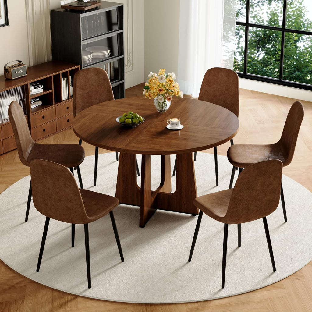 47" Round Dining Table Set for 6, Walnut Wood Grain Table and 6 Brown Suede Upholstered Chairs Set, Mid Century Modern Kitchen Table Set with Cross Legs