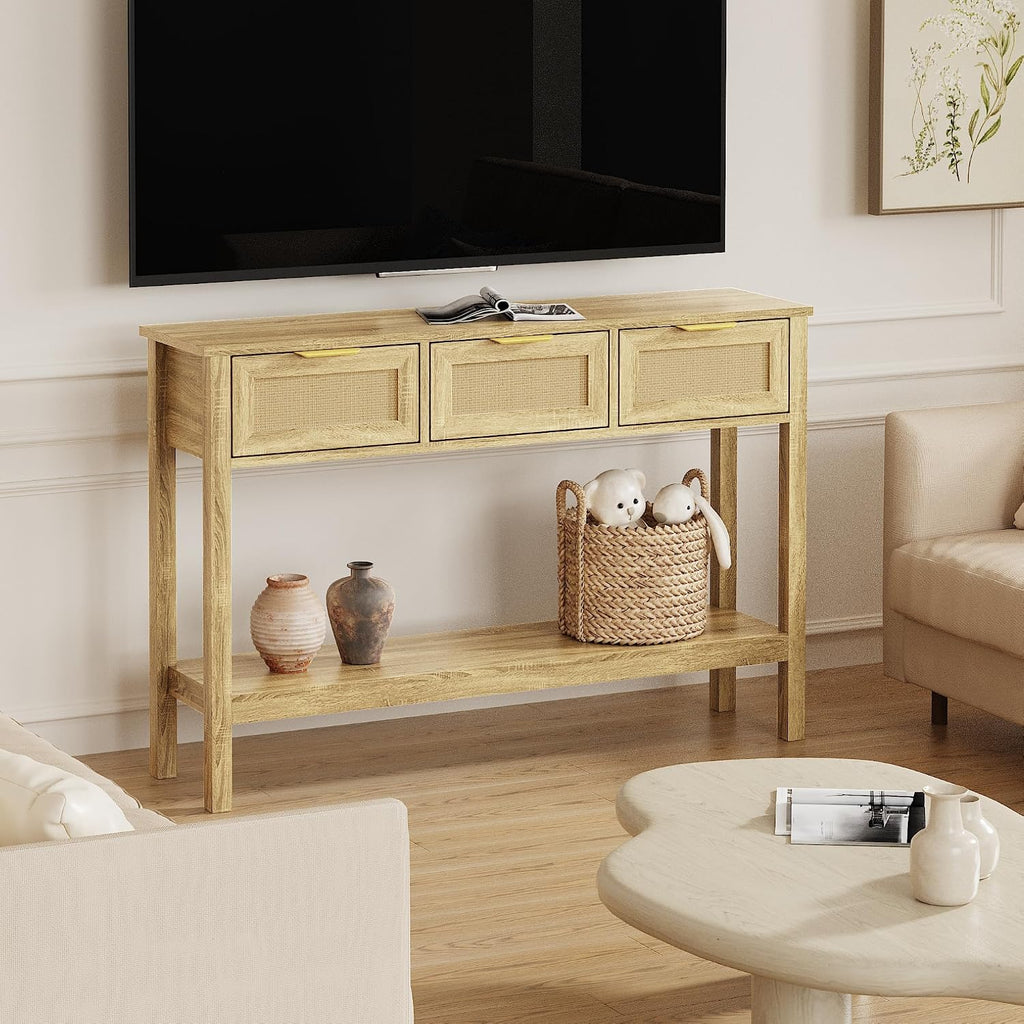 KIGOTY Console Table with Charging Station, Rattan Style Sofa Table Behind The Couch, Farmhouse Entryway Table with 3 Drawers for Hallway, Living Room (Light Yellow, Faux Rattan)