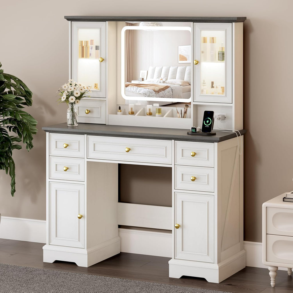 Vanity Desk with Mirror & Lights, Makeup Vanity with Power Outlet & USB Ports, Farmhouse Dressing Table, 6 Drawers & 4 Storage Cabinets, RGB Cabinet Lighting, 3-Color Dimmable Mirror