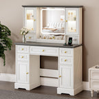 Vanity Desk with Mirror & Lights, Makeup Vanity with Power Outlet & USB Ports, Farmhouse Dressing Table, 6 Drawers & 4 Storage Cabinets, RGB Cabinet Lighting, 3-Color Dimmable Mirror