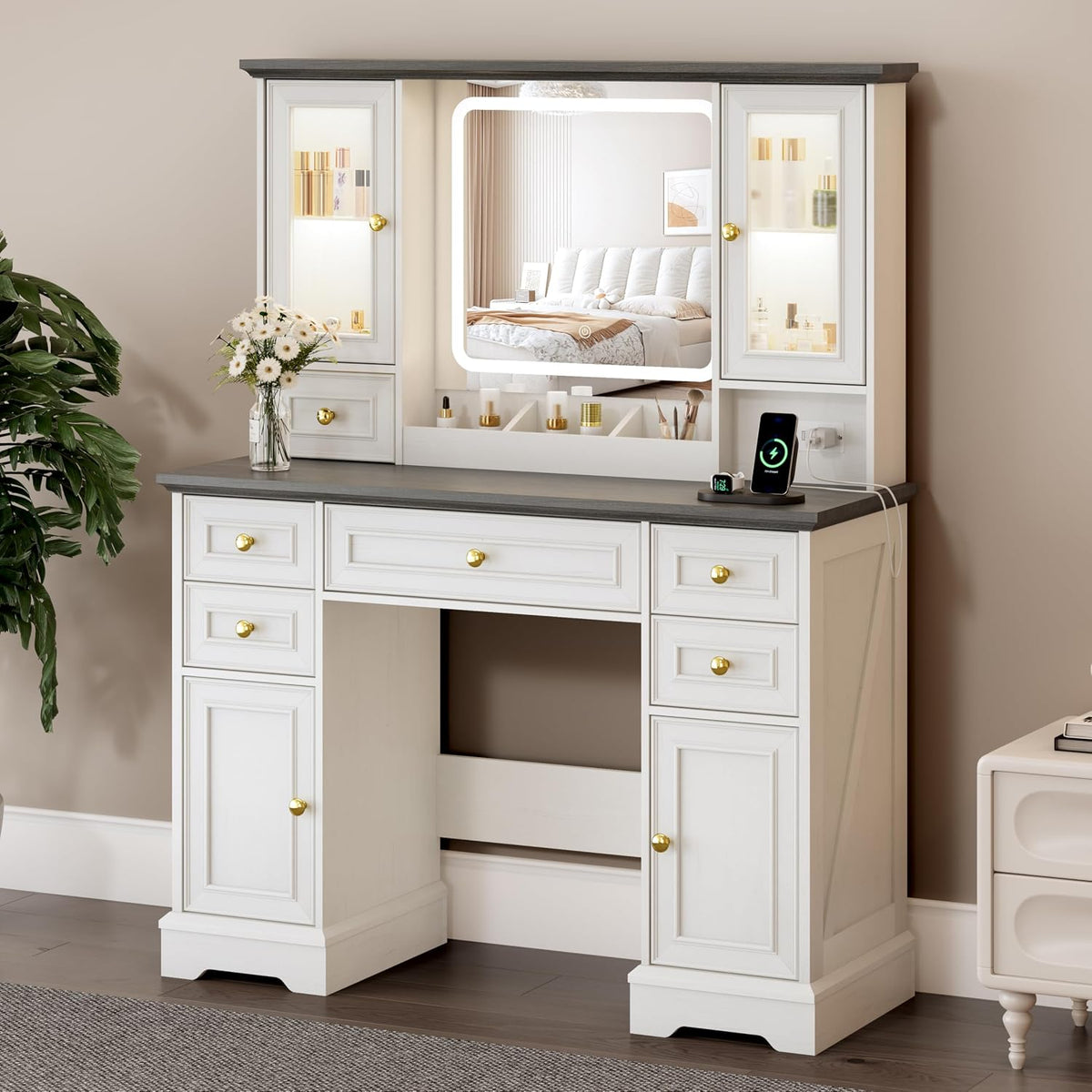 Vanity Desk with Mirror & Lights, Makeup Vanity with Power Outlet & USB Ports, Farmhouse Dressing Table, 6 Drawers & 4 Storage Cabinets, RGB Cabinet Lighting, 3-Color Dimmable Mirror
