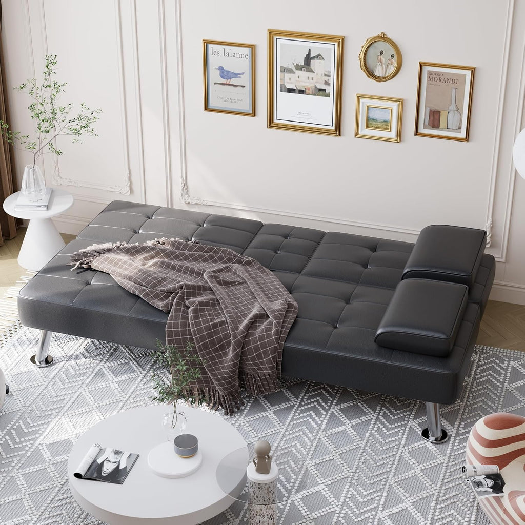 Shahoo Leather Convertible Futon Sofa Bed, Folding Sleeper Loveseat Couch | Upholstered futon with removable armrests, metal legs and 2 cup holders for living room (Black)