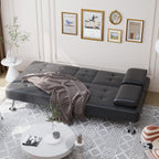 Shahoo Leather Convertible Futon Sofa Bed, Folding Sleeper Loveseat Couch | Upholstered futon with removable armrests, metal legs and 2 cup holders for living room (Black)