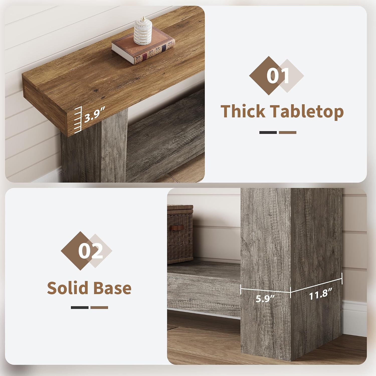 Garvee 63" Farmhouse 2-Tier Console Table for Entryway, Brown and Grey | Sofa Table with Storage, Sturdy U-Shaped Base, Long Entryway Table for Living Room, Easy Assembly