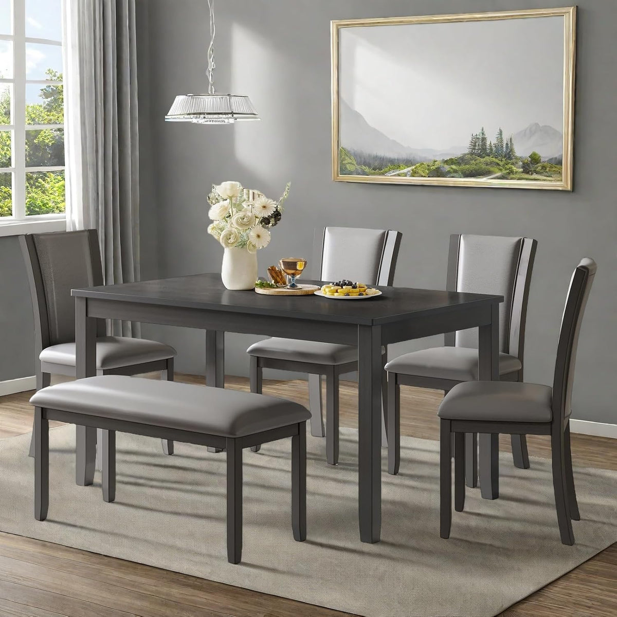 6 Piece Dining Table Set, Counter Height Kitchen Sets, Gray | Rectangular Table, 4 Upholstered Backrest Chairs and Bench, Warm Woodgrain Finish, Farmhouse Dining Room Table Set for 6