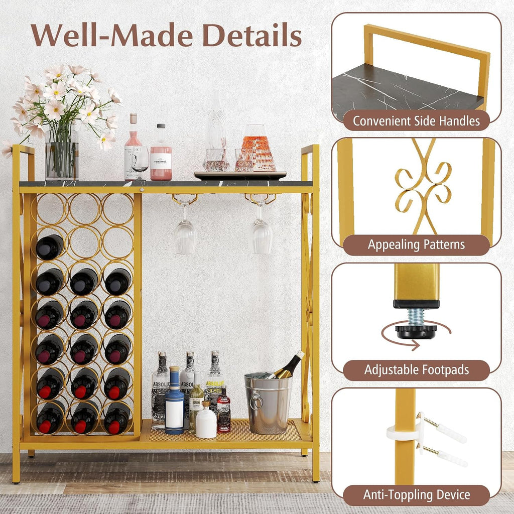GOFLAME 21 Bottle Wine Rack, Freestanding Floor Wine Bottle Organizer w/Glass Holder & Wooden Countertop, Metal Frame Rustic Liquor Stand with Storage Shelf for Kitchen, Dining Room (Golden & Black)