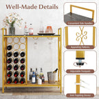 GOFLAME 21 Bottle Wine Rack, Freestanding Floor Wine Bottle Organizer w/Glass Holder & Wooden Countertop, Metal Frame Rustic Liquor Stand with Storage Shelf for Kitchen, Dining Room (Golden & Black)