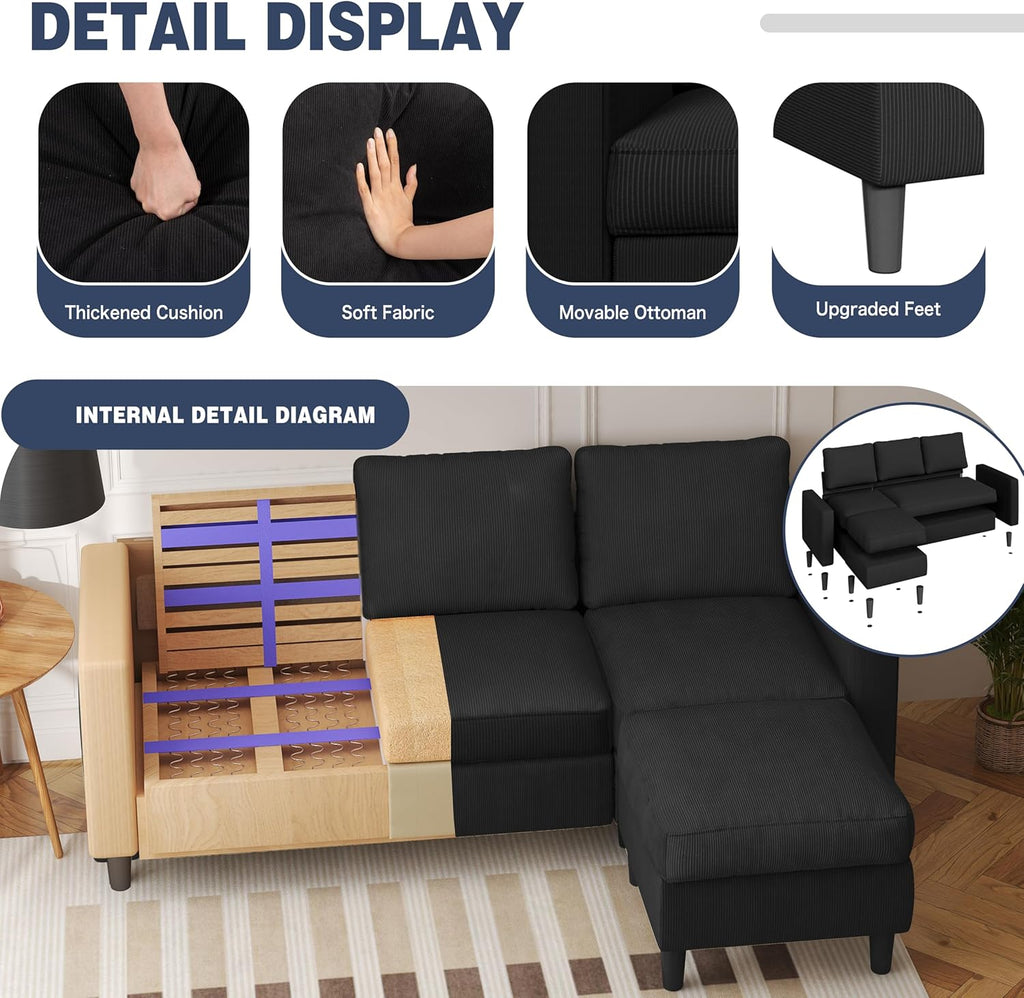 Shintenchi Modern Upholstered Sectional Sofa, L-Shaped Couch with Movable Ottoman and Reversible Chaise for Living Room, Black Corduroy Fabric