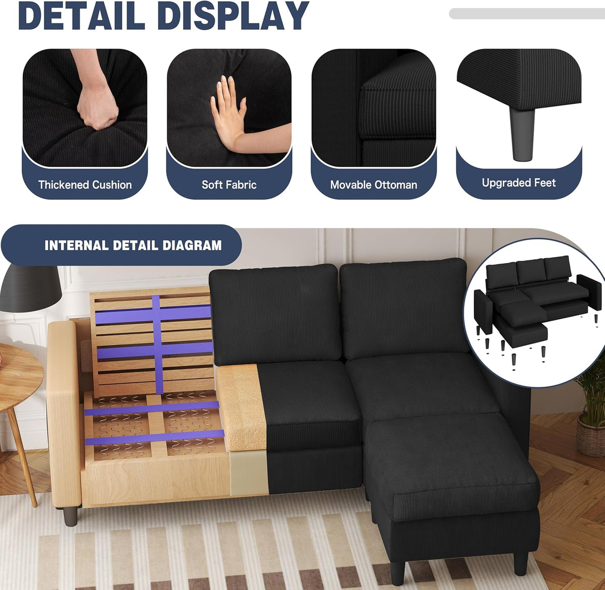 Shintenchi Modern Upholstered Sectional Sofa, L-Shaped Couch with Movable Ottoman and Reversible Chaise for Living Room, Black Corduroy Fabric