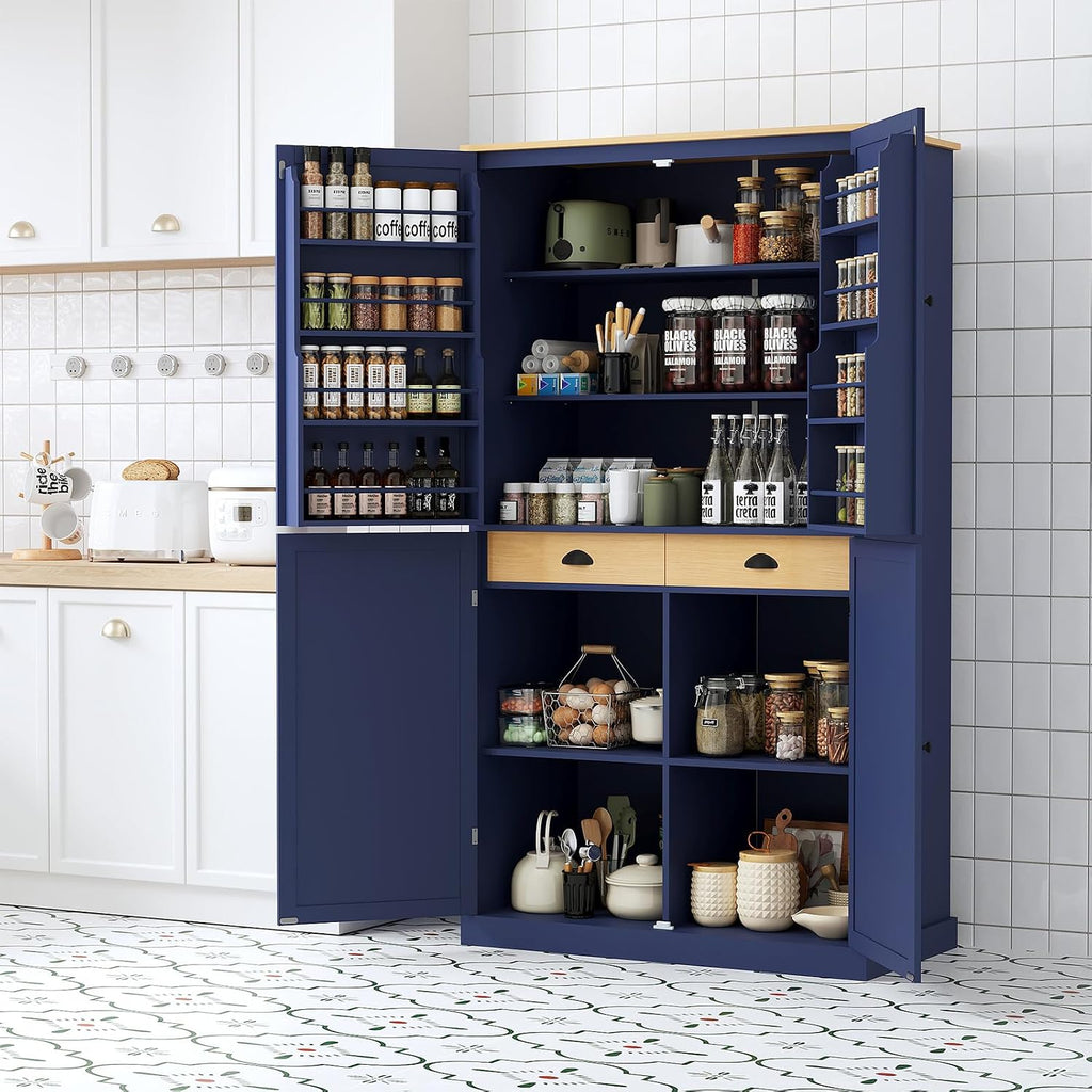 Kitchen Pantry Cabinet, 40.2" W x 20" D x 71.3" H Large Freestanding Pantry Storage Cabinet with 4 Doors, 2 Drawers, 8 Door Shelves, 2 Adjustable Shelves, Farmhouse Kitchen Cupboard (Blue)