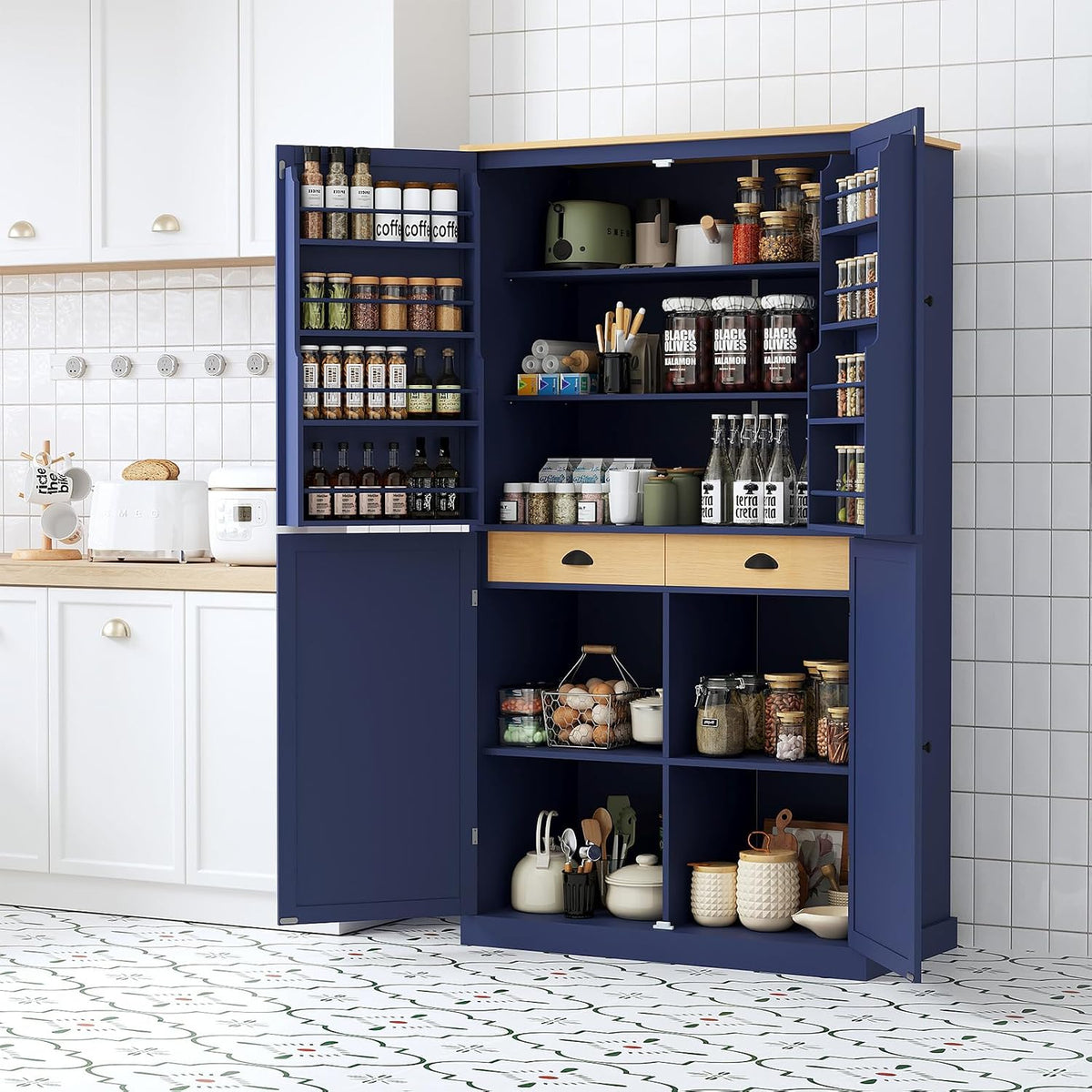 Kitchen Pantry Cabinet, 40.2" W x 20" D x 71.3" H Large Freestanding Pantry Storage Cabinet with 4 Doors, 2 Drawers, 8 Door Shelves, 2 Adjustable Shelves, Farmhouse Kitchen Cupboard (Blue)