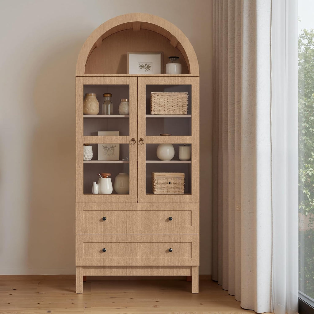 71" Tall Arched Kitchen Pantry, Storage Cabinet with Glass Doors, 2 Large Drawers & 3 Adjustable Shelves, Modern Farmhouse Design for Home Kitchens, Small Homes & Apartments