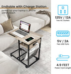 FLYJOE End Table C Shape with Charge Station, Tilting Top Side Table with Magazine Holder and Lockable Wheels, Easy Assembly for Living Room, Bedroom, Industrial Style, Grey